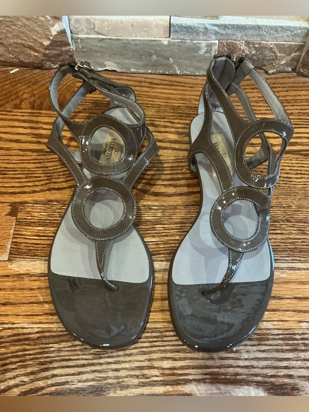 Valentino Brown Patent Leather Circle-Strap Gladiator Sandals